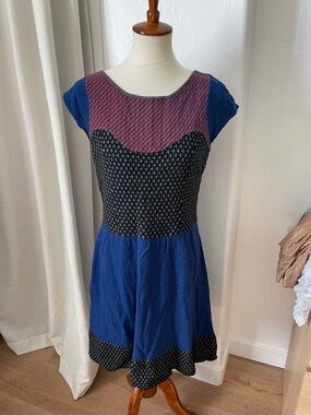 Vintage Anthropologie blue and Black Patterned Fit-and-Flare Dress